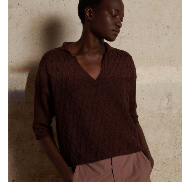 Soeur Tiloup Chocolate Brown Collared Cable Knit Old Money Short Sleeve Sweater - Picture 1 of 7